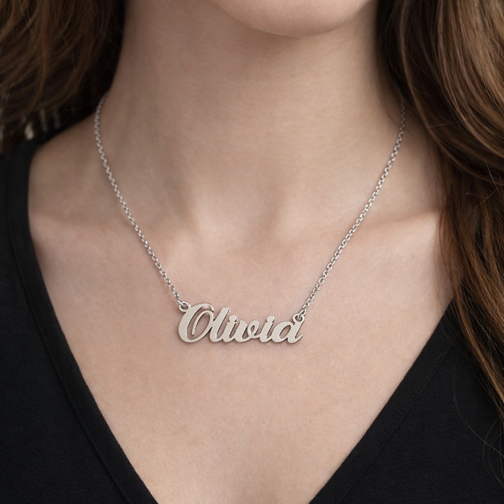 Personalized “Olivia” Nameplate Necklace – Silver Tone, 18” Chain
